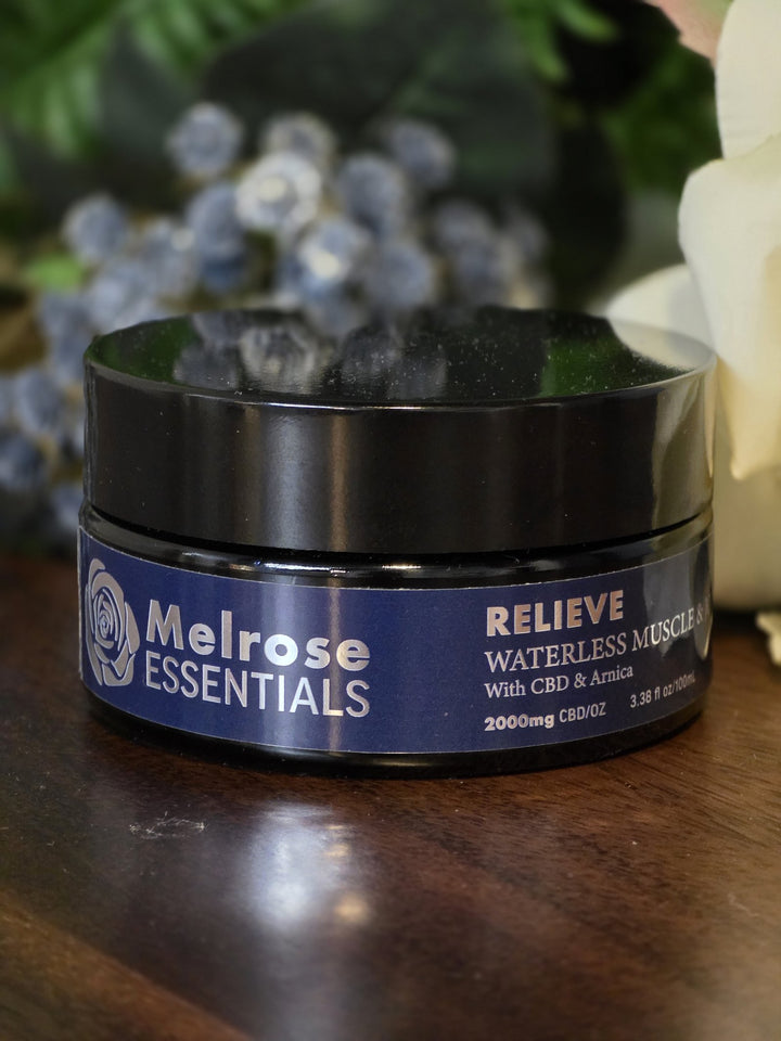 Melrose Relieve waterless CBD balm jar showing the label line 2000mg CBD/oz and 3.38 fl oz / 100 ml