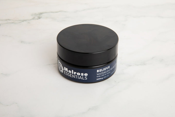 Jars of Melrose Relieve waterless CBD cream, the product stocked by clinics and studios